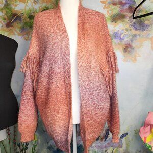 Spacedyed Ombre Knit Cardigan Sweater With Fringe Detail Open Front Long Sleeves